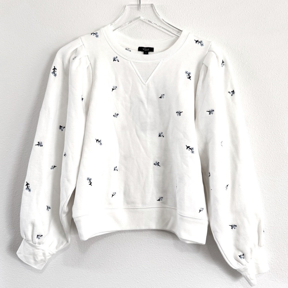 Rails Tiffany Floral Embroidered Puff-Sleeve Sweatshirt in White/Blue Iris - Picture 2 of 5